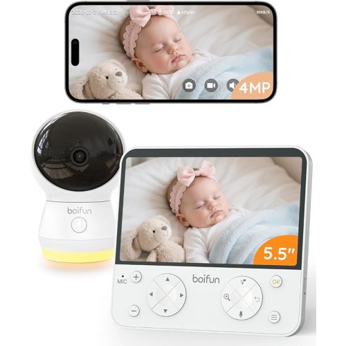 BOIFUN AI Baby Monitor with Camera and Audio, Safety Alerts (Tummy Sleeping & Face Area), WiFi Smartphone APP Control, Colorful Night Light, 2K HD Night Vision, Motion & Cry Detection, Two-Way Talk