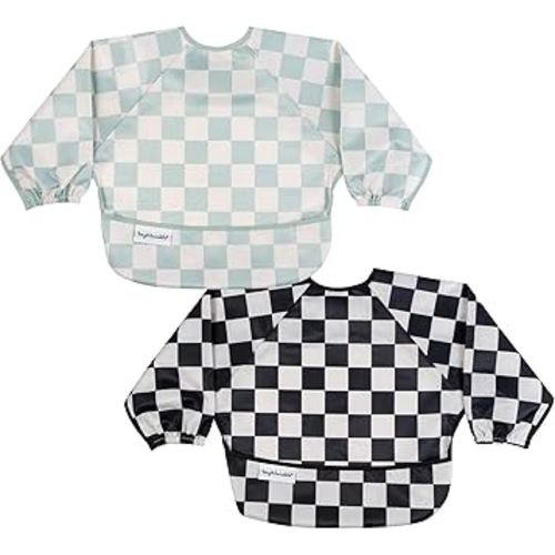 Tiny Twinkle Long Sleeve Bib for Babies & Toddlers – 2 Pack Waterproof Smock Bibs for Eating – Machine Washable & Mess-Proof, Baby Feeding Essential & Shower Must-Have (Black,Sage Checkers, 6-24M)