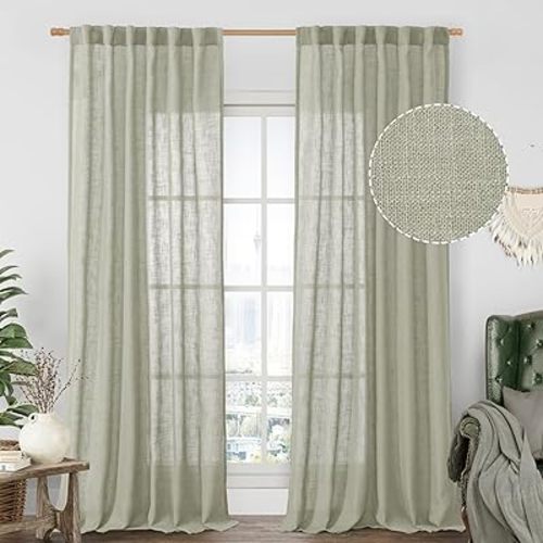 LAMIT Sage Grey Linen Curtains 90 Inch for Living Room, Back Tab and Rod Pocket Linen Textured Farmhouse Curtains Light Filtering Drapes for Bedroom/Dining Room, Set of 2, 52 x 90 Inch