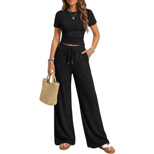 Trendy Queen Womens 2 Piece Lounge Matching Sets Wide Leg Pants Crew Neck Short Sleeve Shirt Sweatsuits