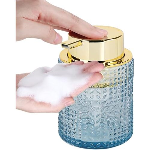 Glass Foaming Soap Dispenser,Foam Dispenser Bottle with Large Pump,Wide-Mouthed and Easy to Press,Refillable Hand Soap Dispenser for Bathroom Countertop and Kitchen Decor (1, Blue)