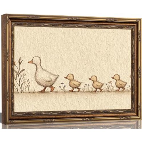 Vintage Gold Framed Mother Duck and Ducklings Canvas Wall Art 12x16 Inch