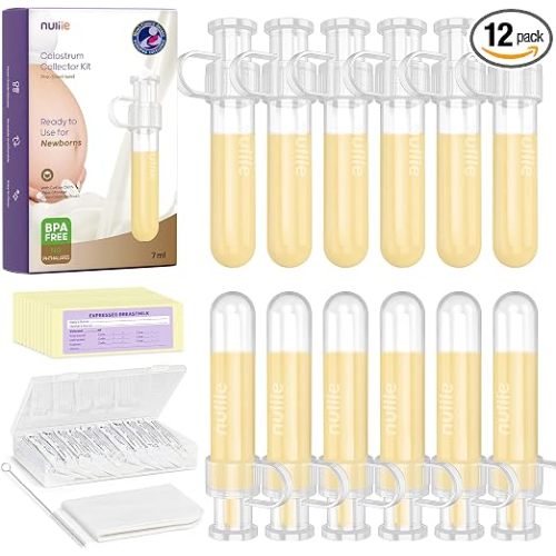 Nuliie Colostrum Collector Kit 7ml/12pcs, Leakproof, Reusable Breast Milk Collector, Heat & Freezer Resistant, BPA-Free, With Cotton Cloth Wipe, Storage Case, Cleaning Brush -Ready-to-Use for Newborns