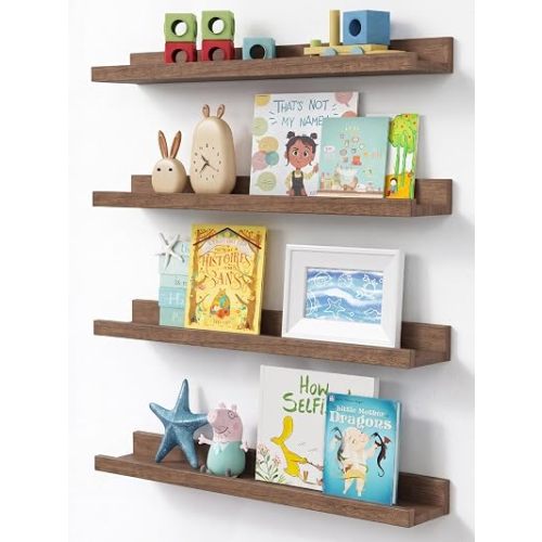 Forbena 24 Inch Floating Shelves for Wall Set of 4, 24 Inch Wooden Floating Shelves with Lip (Walnut)