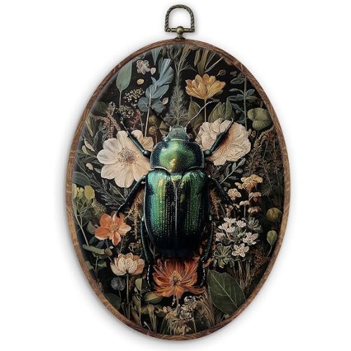 DILSJ Vintage Floral Beetle Oval Wall Art Decor, Dark Cottagecore Canvas Wall Art Framed, Retro Moody Botanical Wildflower Insect Hanging Decorations for Home Bedroom Living Room Decor, 11x8.5 Inch