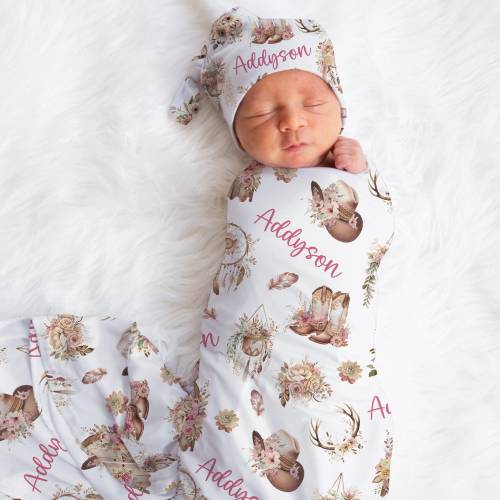 Personalized Cowgirl Swaddle Blanket For Baby Shower, Custom Newborn Baby Girl Gift, Western Toddler Name Blanket, Coming Home Outfit