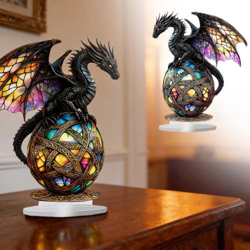 Gothic Stained Glass Dragon Statue, Colorful Figurine with Display Base, Ornamental Sculpture for Living Room Bedroom Office Bookshelf, Unique Home Gothic Decor