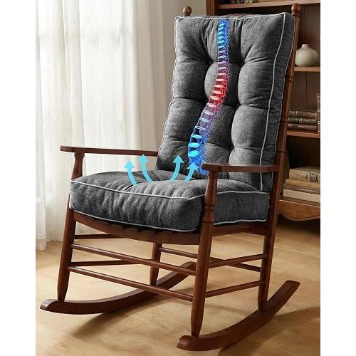 Rocking Chair Cushions,2-Piece 5-Inch Thick Seat and Back Cushion Set,Water-Resistant Tufted Fabric, Non-Slip Bottom and Ties,Indoor/Outdoor Rocker,Dark Grey