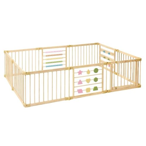 ZETY Natural Wood Baby Playpen, 8 Panel Foldable Play Yard, Door & Toys