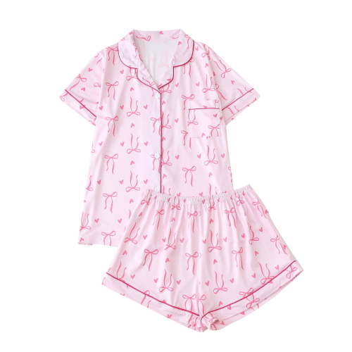 Fengactive Cute Bow Pajamas Sets for Women 2 Piece Button Up Short Sleeve Nightwear Lounge Sleepwear