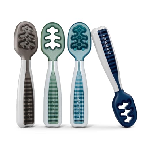 NumNum Baby Spoons Set, Baby Essentials Pre-Spoon GOOtensils for 6+ Months, First Stage Self-Feeding Spoons for Baby Led Weaning (BLW), Silicone Toddler Utensils, BPA-Free, 4 Pack Beach Picnic
