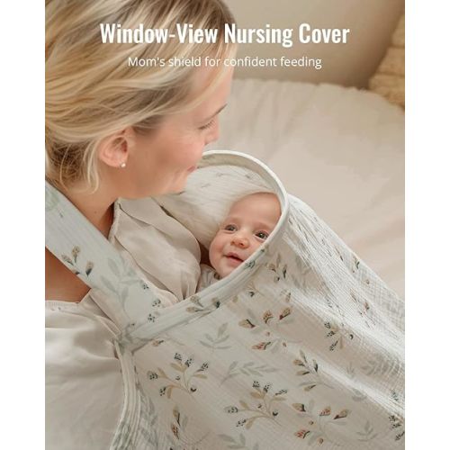 Blissful Diary 2-in-1 Muslin Baby Car Seat Cover, Multi-use Nursing Cover for Breastfeeding, Breathable Infant Car Seat Cover Canopy - Botanical Leaf
