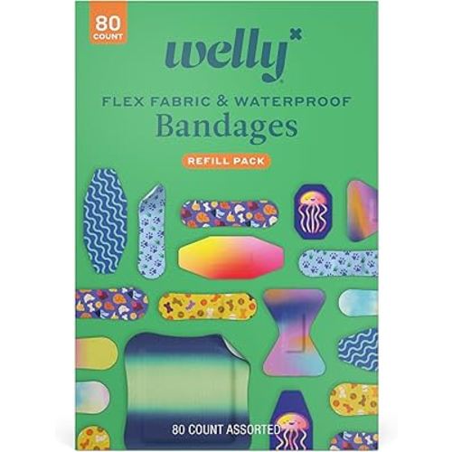 Welly Bandage Family Pack | Adhesive Flexible Fabric & Waterproof Bandages | Assorted Shapes and Patterns for Minor Cuts, Scrapes, and Wounds - 80 Count