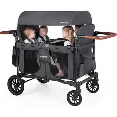 BABY JOY Wagon Stroller for 4 Kids, Foldable Stroller Wagon with Removable Canopy, Adjustable Handle, Snack Tray, Parent Organizer, 5-Point Safety Harness, Convertible Diaper Bag/Changing Pad (Gray)