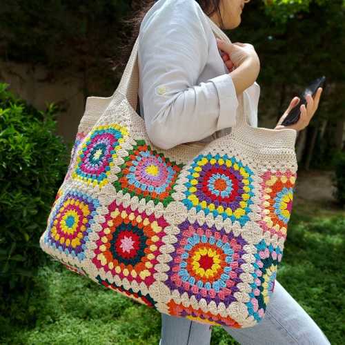 Handmade Crochet Granny Square Tote, Handbags for Woman, Custom Beach Tote Bag