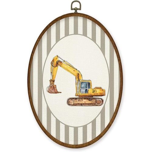 WULQYING Vintage Excavator Boy Nursery Wall Art Decor, Kids Oval Framed Canvas Art Prints, Neutral Striped Excavator Vehicle Wall Hanging Decor for Kids Boy Nursery Room Playroom, 8.5x11.4 Inches
