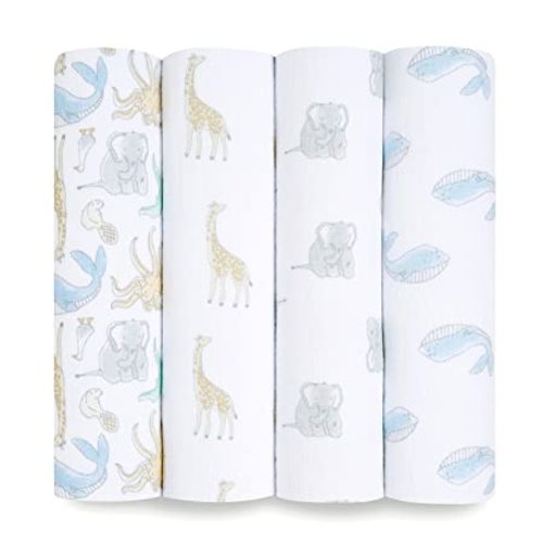 aden + anais Swaddle Blanket, Boutique Muslin Blankets for Girls & Boys, Baby Receiving Swaddles, Ideal Newborn & Infant Swaddling Set, Perfect Shower Gifts, 4 Pack, Natural History