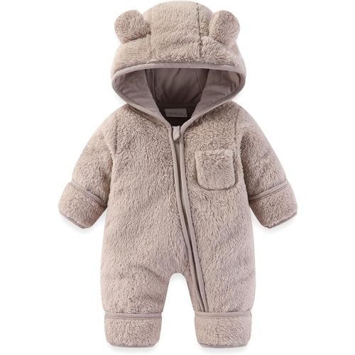 Newborn Baby Bear Outfit With Fold-Over Mittens and Footies Girls Boys Winter Fleece Clothes Hooded Romper Snowsuit
