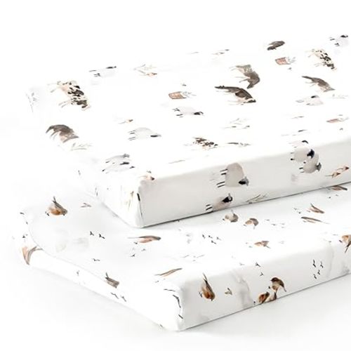 Stretch Ultra Soft Jersey Knit Changing Pad Cover Set 2 Pack, Change Table Pad Covers Fit 32"/34" x 16" Pads Safe and Snug, Cute Watercolor Cows and Birds Print for Boys and Girls