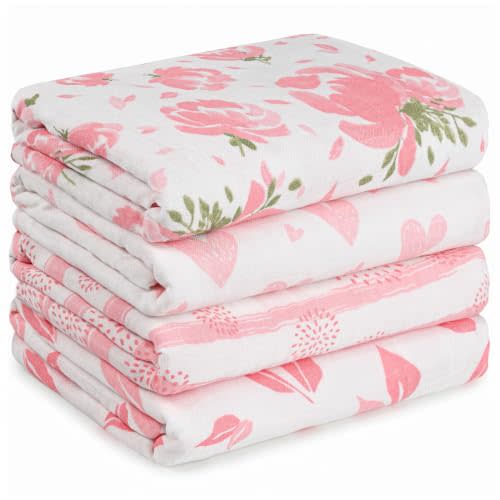 GLLQUEN BABY Muslin Swaddle Blankets 4Pk Receiving Blanket Large 35" x 40" | Soft Cotton Baby Blankets for Girls Boys Breathable Nursery Swaddles for Newborns, Baby Essentials Shower Gift, Pink Floral