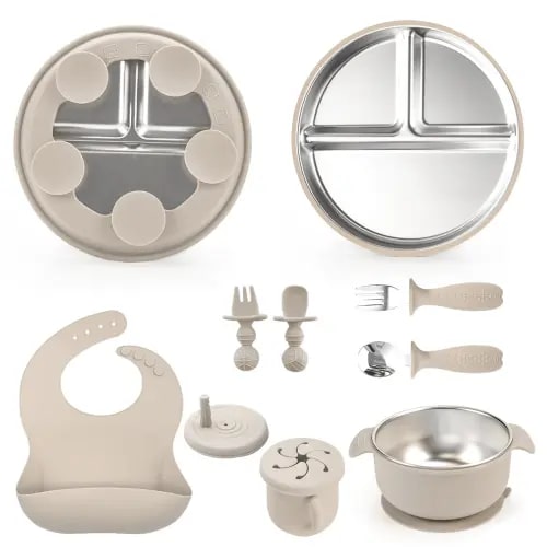 Silicone Baby Feeding Set, 10 Piece Baby Led Weaning Utensils Set, Baby Plates and Bowl Set, Baby Spoon and Fork, Sippy Cup with Straw, Baby Feeding Supplies Set (cream-colored)
