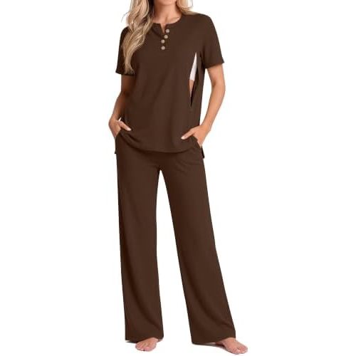 2 Piece Maternity Nursing Set Postpartum Breastfeeding Short Sleeve Zipper Shirts Wide Leg Pants Pregnancy Clothes
