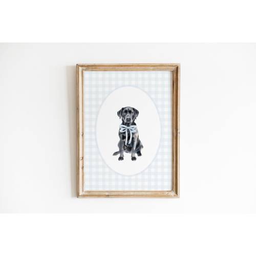 Black Labrador Retriever Nursery Decor, Watercolor Lab Dog Nursery Print, Baby Boy Nursery, Blue Gingham Wall Print, Classic Blue Bow Art