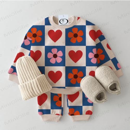 Baby Checkered Hearts & Flowers Sweatshirt 2-piece Beige Set