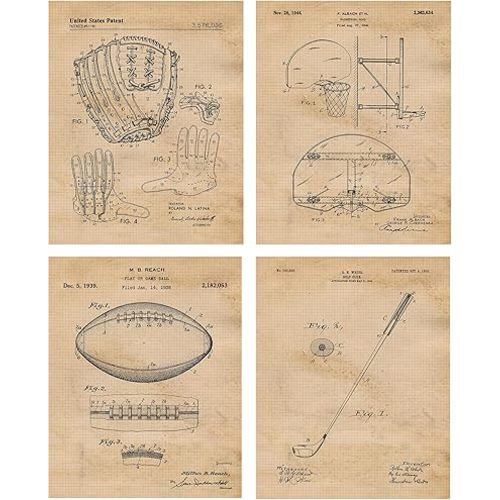 Vintage Team Sports Football Baseball Basketball Golf Patent Prints, 4 (8x10) Unframed Photos, Wall Art Decor Gift for Home Office Man Cave Gears Work Garage Student Teacher Coach Trainer Gym Fitness