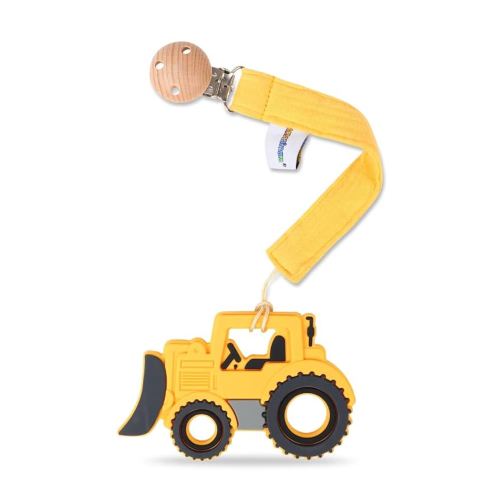 Baby Food Grade Silicone Car Teether Toy with Pacifier Clip Holder,Teething Pain Relief Toys Gift Set for 3 Months+ Boys and Girls,Freezer Safe,BPA Free (Bulldozer, Yellow)