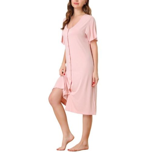 cheibear Women's Idea Gift for Mom Nightgown Button Down Short Sleeve Soft Modal Loose Pajama Sleepshirt Large Pink