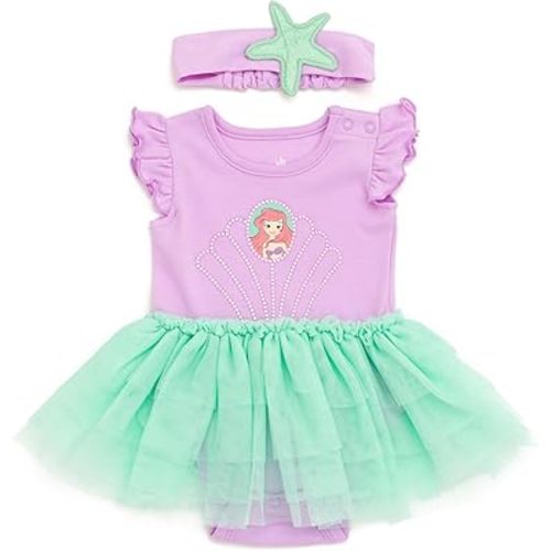 Disney Princess Baby Girls Cosplay Bodysuit With Skirt Overlay & Headband Outfit Set Newborn to Infant Sizes (0-24 Months)