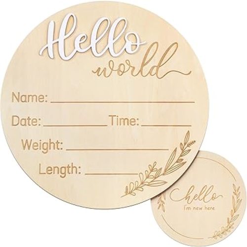 ZIEYOMI-Baby Announcement Sign, Wooden Hello World Newborn Baby Name Sign Birth Announcement Board Plaque for Hospital Nursery Photo Prop Ba-by Shower-White