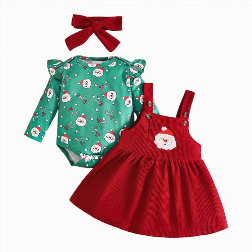 CAICJ98 Baby Girl Christmas Outfit Newborn Cute Santa Claus Sleeve Romper Overall Dress Infant Girls Fall Winter Skirt Set (Wine,3-6 Months)