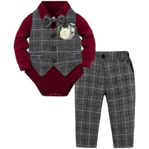 YUEMION Baby Boy Clothes Suit Infant Gentleman Wedding Outfit Formal Dress Shirt+Vest+Tie+Corsage+Pants 5Pcs Tuxedo Set 0-18M