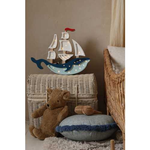 Wooden Ship Night Light – Ocean Themed Nursery Lamp – Coastal Baby Room Decor – LED Bedside Lamp and Wall Light – Sea Animal Decor for Kids