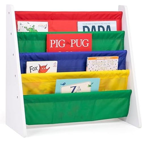 Humble Crew 4-Tier Kids Bookshelf, White Wood/Primary - Premium Book Shelf for Kids Rooms with Four Deep Pockets - Toddler Sling Book Rack with Deep Sleeves, Nursery Bookcase Organizer