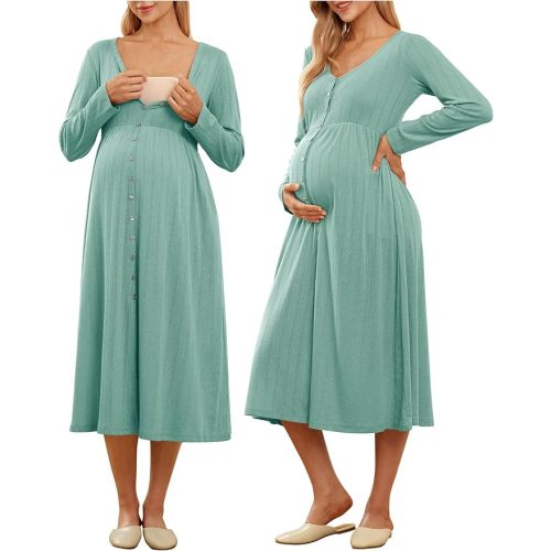 OUGES Cotton Blend Maternity Pajamas Nightgown Button Down Nursing Gown Labor Delivery Breastfeeding Dress with Pockets