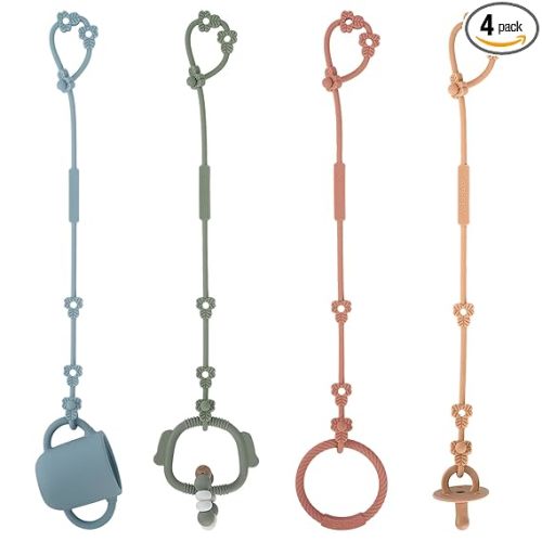 Toy Safety Straps, Silicone Pacifier Clips, Adjustable Stretchable Sippy Cup Straps for Strollers, High Chair, Cribs, Hanging Baskets, Car Seat, Shopping Trolley, 4 Pack, (Ether+Sage+Muted+Apricot)