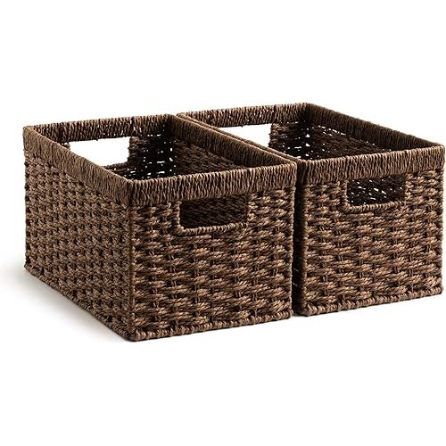StorageWorks Round Paper Rope Storage Baskets, Rectangular Wicker Baskets with Built-in Handles, Medium, 2-Pack
