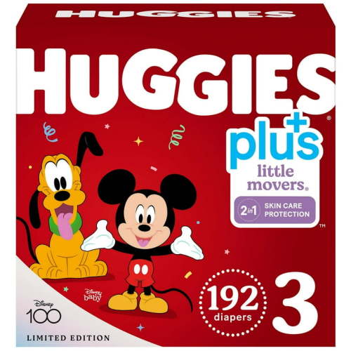 Huggies Little Movers Plus Diapers, Size 3, Double Grip Strips, Leak Lock System - 192 Count