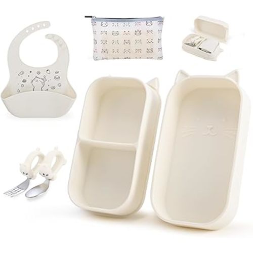 Baby Travel Essentials 6 Pc Feeding Set - Cute Cat Toddler Plates with Suction, 304 Stainless Steel Spoon & Fork, Foldable Silicone Bib in Travel Case - BPA-Free Airplane Travel Gear (Beige)