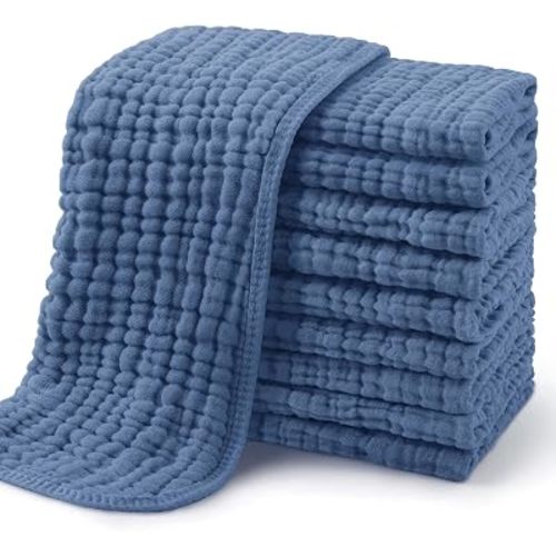Yoofoss Muslin Burp Cloths for Baby 10 Pack 100% Cotton Baby Washcloths for Boys Girls Large 20''X10'' Super Soft and Absorbent Dark Blue