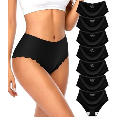 High Waisted Seamless Underwear for Women No Show Panties Sexy Cheeky Bikini Scalloped Edge Breathable Briefs 7 Pack