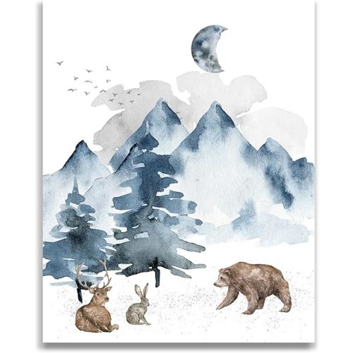 Woodland Animals Children’s Wall Decor, Rustic Mountain Tree Forest Landscape Wall Art for Kids, Watercolor Nature Baby Nursery Decor for Boys or Girls Bedroom, Blue Gray Black, Unframed 11X14 Print.