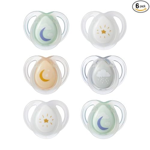 Tommee Tippee Night Time Pacifier, 0-6 Months, Symmetrical Silicone Baglet, BPA-Free Binkies, Glow in The Dark Technology, Pink Pastels, Pack of 6