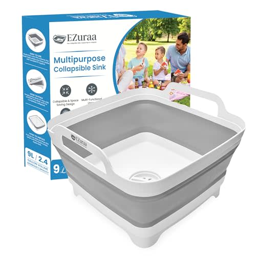EZuraa 2.4 gal(9L) Gray Collapsible Dish Basin, Portable Sink or Dish Pan for Kitchen Sink with Drain Plug/Strainer, Space Saving Baby Bottle Wash Basin Collapsible Bucket, Beverage Tub for Camping
