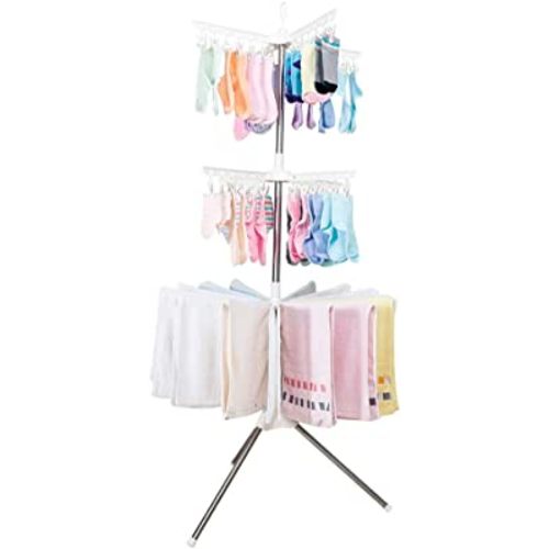 Hershii 3 Tiers Collapsible Clothes Drying Rack Folding Tripod Laundry Garment Storage Hanger Organizer Indoor Outdoor Space Saver with 48 Clips & 16 Towels Bars - Ivory