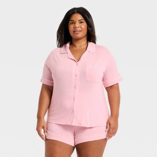 Women's Cloud Knit Short Sleeve Notch Collar Shirt and Shorts Pajama Set - Auden™ Light Pink 2X