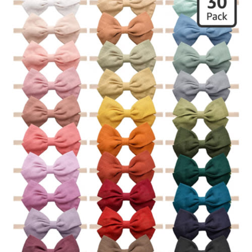 Jesries 30 Pcs Baby Headbands Girls Hair Bows Nylon Hairbands with Linen Bows Handmade Head Accessories for Infant Newborn Toddlers Kids